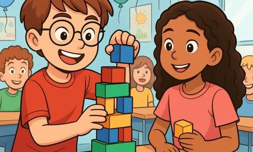 Een 10-jarig jongen, Sam, met kastanjebruin haar en ronde bril, heeft een vastberaden en blije uitdrukking. Hij is bezig een toren van kleurrijke blokken te bouwen, met een grote glimlach op zijn gezicht. Naast hem staat zijn beste vriendin Noor, een 10-jarig meisje met lang, krullend haar, in een roze t-shirt, die Sam aanmoedigt terwijl ze een blok vasthoudt. De scène speelt zich af in een heldere klaslokaal, met muren versierd met kindertekeningen en ramen die zonlicht binnenlaten. Kleurrijke ballonnen zweven aan het plafond en creëren een feestelijke sfeer. Sam en Noor werken samen aan hun toren, omringd door klasgenoten die hen bewonderend aankijken. De blokken zijn in allerlei kleuren: rood, blauw, groen en geel, en de toren begint vorm te krijgen, wat het teamgevoel en gendergelijkheid symboliseert.