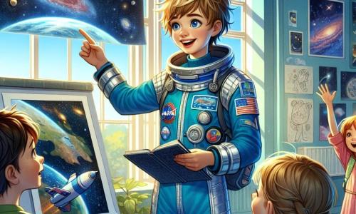 Marlene, eine etwa 12-jährige Astronautin, steht im Mittelpunkt des Bildes, trägt eine elegante, bunte blaue Uniform mit silbernen Details und zeigt große Freude und Begeisterung, während sie lächelt und strahlende Augen hat, während sie einer Gruppe von Kindern Bilder des Weltraums präsentiert. Lukas, ein 11-jähriger Junge mit zerzausten braunen Haaren und einem grünen T-Shirt, steht rechts von ihr, mit weit aufgerissenen Augen der Bewunderung, einen Bleistift und ein Skizzenbuch haltend. Links von ihr hebt Anna, ein 10-jähriges Mädchen mit geflochtenen blonden Haaren und einem rosa Kleid, die Hand, um eine Frage zu stellen, ihr Gesicht strahlt Neugier aus. Die Szene spielt in einem hellen Klassenzimmer, dekoriert mit Postern von Planeten und Sternbildern, mit großen Fenstern, die Sonnenlicht hereinlassen. Sterne und Zeichnungen von Raketen hängen an den Wänden und schaffen eine inspirierende Atmosphäre. Marlene teilt ihre Leidenschaft für den Weltraum mit den Kindern, zeigt ihnen faszinierende Bilder von Galaxien und der Erde aus dem Weltraum und ermutigt sie, groß zu träumen und an ihre Ambitionen als Astronauten zu glauben.
