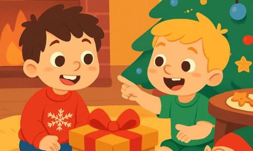Er zijn 3 personages: - Sam: een jongen van bijna 4 jaar, met rommelig bruin haar en sprankelende ogen. Hij draagt een rode trui met sneeuwvlokken en zit op een zacht tapijt, glimlachend en kijkend naar de doos. - Max: een jongen van bijna 4 jaar, met blond haar en roze wangen. Hij draagt een groene t-shirt en gestreepte sokken. Hij zit naast Sam, lachend en wijzend naar de doos. - Pip: een ondeugende elf, klein en speels, met een lichte huid en grote puntige oren. Hij draagt een felle groene kostuum met belletjes en een kleine rode muts. Hij verstopt zich onder de tafel en kijkt met een ondeugende glimlach naar de jongens. De locatie is een warme woonkamer, versierd voor Kerstmis. Lichtjes hangen boven een bakstenen open haard, en een grote kerstboom, versierd met gekleurde ballen en gouden sterren, staat in een hoek. Een zacht tapijt bedekt de vloer, en kerstkoekjes liggen op een houten tafel. De situatie toont Sam en Max die een mysterieuze doos met een mooie rode strik ontdekken, terwijl Pip, de ondeugende elf, hen glimlachend observeert, klaar om een nieuwe grap uit te halen. De jongens zijn opgewonden en nieuwsgierig, en de sfeer is vol magie en kerstvreugde.