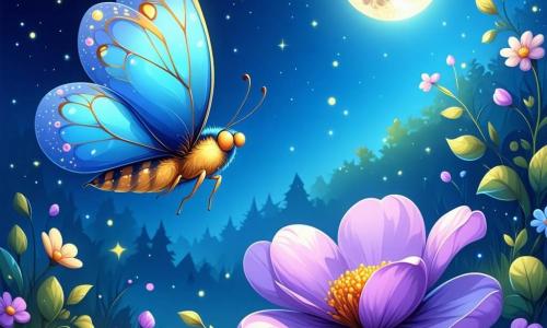 In a colorful and sunny garden, a pretty little butterfly named Bella, with bright blue wings adorned with golden spots, joyfully flies above a large purple flower. She has a radiant smile, expressing her curiosity and happiness. Next to her, a flower named Luna, with heart-shaped petals and a deep purple hue, gently opens under the moonlight, displaying a sweet and welcoming expression. Benny, a bumblebee with yellow and black stripes, buzzes around them, his tiny wings flapping quickly, showing excitement and wonder. Lila, a red ladybug with black spots, rests on a leaf, her eyes shining with joy, ready to join the adventure. The garden is filled with vibrant flowers, lush green leaves, and sun rays filtering through the branches, creating a magical and inviting atmosphere. In the center of this scene, Bella and Luna meet, symbolizing friendship and tolerance, while Benny and Lila surround them, ready to celebrate their differences and play together in this enchanting place.