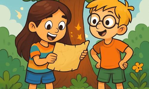 A 10-year-old girl with long brown hair and sparkling curious eyes holds an old parchment in her hands, her face lit up by an excited smile. She wears a colorful t-shirt and denim shorts, with muddy hiking boots. Next to her, a 10-year-old boy with messy blond hair and glasses gazes at the map with a look of wonder, hands on his hips, ready for adventure. They are at the base of a majestic oak tree with wide branches, surrounded by lush bushes and wildflowers. The ground is covered in fallen leaves and small stones, creating a mysterious atmosphere. The main scene shows the two friends, focused and enthusiastic, discovering an ancient hidden treasure, with glimmers of light sparkling around them, highlighting the excitement of their quest.