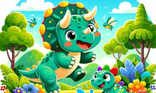 Un triceratops llamado Tito, con una piel verde brillante, tres grandes cuernos y una robusta cresta, sonríe alegremente mientras juega cerca de un lago. Sus ojos brillan de emoción mientras salta al agua, salpicando gotas brillantes a su alrededor. Junto a él, un pequeño estegosaurio llamado Estela, con placas coloridas en su espalda y un rostro amigable, ríe mientras intenta saltar tan alto como Tito. Ambos están en una isla soleada, rodeados de flores brillantes y grandes árboles de hojas verdes. El cielo es de un azul intenso, salpicado de algunas nubes blancas y esponjosas. La escena muestra la alegre amistad entre Tito y Estela mientras se divierten juntos en este lugar mágico.