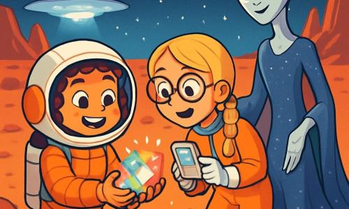Es gibt drei Charaktere: - Marlene: ein 10-jähriges Mädchen mit lockigem braunem Haar und neugierigen Augen. Sie trägt einen kleinen Astronautenhelm und einen Schutzanzug. Sie steht und hält ein leuchtendes Artefakt in ihren Händen, mit einem großen Lächeln im Gesicht. - Kira: ein 10-jähriges Mädchen mit geflochtenem blonden Haar und runden Brillen. Sie trägt ein Astronautenuniform und hält ein kleines Messgerät in ihrer Hand. Sie beugt sich leicht nach vorne und beobachtet das Artefakt fasziniert. - Tira: ein großer, schlanker Außerirdischer mit silberner Haut und tiefschwarzen Augen. Sie hat lange, dünne Arme und schimmernde, fließende Kleidung. Sie steht neben Marlene und Kira, lächelnd mit einer einladenden Haltung. Der Ort befindet sich auf dem roten Boden des Mars, in der Nähe eines großen Kraters. Der Himmel ist mit leuchtenden Sternen und einem bläulichen Licht, das von einem Raumschiff ausgeht, das hinter Felsen versteckt ist, übersät. Seltsame Felsformationen umgeben die Szene, und der Boden ist mit kleinen funkelnden Steinen bedeckt. Die Hauptsituation zeigt Marlene und Kira, die ein mysteriöses, leuchtendes Artefakt entdecken, während Tira, die Außerirdische, sie wohlwollend beobachtet. Die drei Charaktere sind in einem Moment des Staunens vereint, bereit, eine Verbindung zwischen ihren Welten herzustellen.