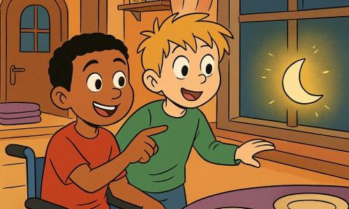 Er zijn twee personen: Omar, jongen van ongeveer 9 jaar, donkerhuidig met kort zwart haar, zit in een kleine blauwe rolstoel vooraan links, glimlacht en wijst naar het kleine papieren maantje op de vensterbank; Finn, jongen van ongeveer 8 jaar, licht van huid met blond warrig haar, staat rechts van Omar, leunt naar het raam met grote ogen en legt een hand op Omar’s schouder. Plaats: een warme, kleurrijke keuken in lichte vogelvlucht; lichte tegels, ronde houten tafel met paarse tafelkleden en borden, op de vensterbank een wit papieren maantje dat zacht geel oplicht; op de achtergrond een voordeur, kruidenpotjes en een stapel paarse handdoeken. Situatie: magisch moment net voor iftar: het papieren maantje gloeit en tikt tegen het glas alsof het drie voorwerpen aanwijst (een mand met dadels, de stapel paarse handdoeken, de voordeur); de jongens kijken enthousiast en wisselen een speelse, samenzweerderige glimlach; duidelijke stripstijl, zuivere lijnen, felle kleuren, eenvoudige texturen en overdreven vriendelijke gezichtsuitdrukkingen.