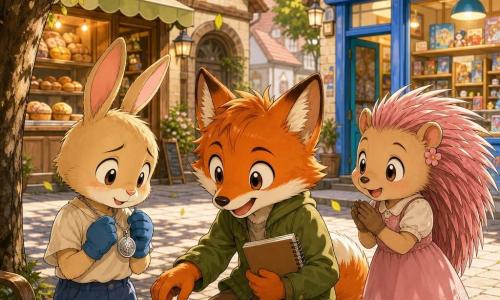 A child anthropomorphic fox (Felix), expressive and smiling, round mischievous eyes, shiny reddish fur with a small white spot on the muzzle, wearing a green jacket and holding a notebook, kneels gently looking at a pair of blue gloves on a bench; a child rabbit (Milo), small, worried then relieved, soft beige fur, now wearing the gloves, wearing shorts and clutching a silver pendant necklace, stands to the right, emotional and holding the pendant; a confident smiling porcupine girl (Lila), pink quills and a simple dress, stands slightly left applauding; background: a sunny village street with a bakery with frosted windows on the left and a colorful game shop Bright Button Games on the right with visible shelves, light tiled ground, a wooden bench in front of the bakery and a green tree with falling leaves; main scene: a joyful, gentle discovery as the children gather around the bench where the blue gloves are returned and the silver pendant is found, soft morning light, warm colors, clean lines, exaggerated tender manga expressions, friendly optimistic detective vibe.