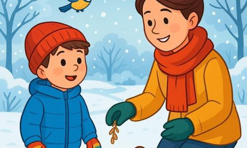 Ein 8-jähriger Junge, Jonas, mit kastanienbraunen Haaren und von der Kälte geröteten Wangen, steht in einer winterlichen Landschaft. Er trägt eine dicke blaue Jacke, eine rote Mütze und bunte Handschuhe, sein Gesicht strahlt Neugier und Staunen aus. Neben ihm lächelt seine Mutter, eine Frau in den Dreißigern mit braunen, zu einem Dutt gebundenen Haaren, während sie einen kleinen Zweig mit Samen hält, um die Vögel zu füttern. Die Szenerie ist eine verschneite Lichtung, der Boden ist mit einer dicken Schicht glitzernden Schnees bedeckt, und Bäume mit schneebedeckten Ästen umgeben sie. In der Ferne führt ein kleiner Weg zu einer alten Holzbank, während sanfte Schneeflocken vom hellgrauen Himmel fallen. Die Hauptsituation zeigt Jonas und seine Mutter, die hungrige Vögel, Meisen und Rotkehlchen, füttern, die schüchtern zu den auf dem Boden verstreuten Samen kommen und eine lebendige und magische Winterszene schaffen.