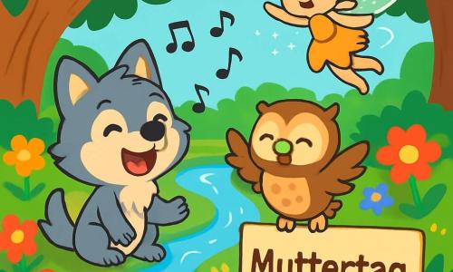 Ein kleiner Wolf namens Wolli, mit weichem grauem Fell und großen, strahlenden Augen, singt fröhlich am Rand eines glitzernden Baches. Neben ihm schlägt eine kleine Eule namens Ella, mit braunen Federn und runden, schelmischen Augen, im Takt der Melodie mit den Flügeln und zeigt eine fröhliche, freundliche Miene. Etwas weiter tanzt eine kleine leuchtende Fee, Lila, mit funkelnden Flügeln und einem Kleid aus Blütenblättern in der Luft und verleiht der Szene einen Hauch von Magie. Der Ort ist ein wunderschöner verzauberter Garten, gefüllt mit bunten Blumen, großen grünen Bäumen und einem klaren Bach, der den blauen Himmel widerspiegelt. Wolli, Ella und Lila singen zusammen ein sanftes Lied zum Muttertag, umgeben von strahlenden Blumen und Licht, was eine fröhliche und festliche Atmosphäre schafft.