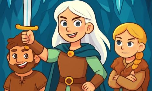 Eira, uma jovem de cabelos longos e brancos como a neve, está orgulhosamente no centro da imagem, segurando uma espada brilhante, Skjoldr, na mão. Seu rosto expressa determinação, com olhos brilhantes de coragem e um leve sorriso que mostra sua confiança. Ao seu lado, Bjorn, um garoto de 12 anos, robusto e sorridente, com cabelos castanhos e uma barba em crescimento, observa a cena com admiração. Ele usa uma túnica de couro e um cinto ornamentado com runas, pronto para defender sua amiga. Astrid, uma menina de 11 anos, com cabelos loiros trançados, está um pouco atrás, de braços cruzados, com uma expressão pensativa e sábia. Ela veste um vestido de linho e um manto de pele, olhando para Eira com orgulho. A cena ocorre na entrada de uma majestosa caverna de gelo, onde estalactites cintilantes pendem como cristais, e a luz do dia filtra através das fendas, criando reflexos azulados nas paredes de cristal. Eira, com sua determinação e espada mágica, se prepara para enfrentar um grupo de guerreiros rivais, ilustrando um momento de coragem e unidade diante do desconhecido.