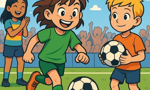 Una niña de 10 años, con el cabello castaño desordenado y una sonrisa radiante, dribla un balón de fútbol en un campo verde. Lleva una camiseta verde brillante y pantalones cortos, sus ojos brillan de emoción y determinación. A su lado, un niño de 11 años, con cabello rubio y una mirada admirativa, la observa sosteniendo otro balón, listo para pasar. En el fondo, otra niña de 10 años, con cabello largo y negro, aplaude con una sonrisa alentadora, vestida con una camiseta colorida. El campo está rodeado de espectadores entusiastas, con pancartas de colores ondeando al viento y un cielo azul salpicado de algunas nubes blancas. La escena representa un momento de camaradería y alegría, donde la niña muestra su talento en el campo, demostrando que el fútbol es para todos, sin importar el género.