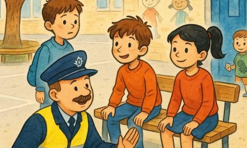 Un policía, Tomás, sonriente y sereno, rostro redondo y bigote fino, con chaqueta azul marino y chaleco reflectante amarillo, arrodillado junto a un banco con la mano abierta para apaciguar; varios niños: Óscar (≈9) moreno y tímido, de pie junto al banco mirando la portería; Dani (≈9) castaño y despeinado, sentado en el borde del banco listo para ponerse en pie; Julia (≈8) con coleta negra y mirada confiada, sentada junto a Dani; Nico (≈6) con camiseta verde de dinosaurio sosteniendo una tarjeta, algo apartado junto a una puerta azul; en el patio escolar con suelo de asfalto, líneas blancas, un árbol con bancos y un muro crema con dibujos; Tomás explica con calma un acuerdo para compartir el banco, gestos abiertos, niños atentos, atmósfera segura y colores cálidos con trazos de tinta nítidos.