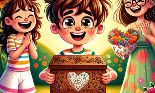 Un niño de 10 años, Lucas, con cabello castaño desordenado y ojos brillantes de alegría, se encuentra en el centro de la imagen, sonriendo ampliamente mientras presenta una gran caja de madera decorada con flores grabadas. Lleva una camiseta colorida y un short, y su rostro expresa una emoción desbordante. A su lado, su mamá, Doña Clara, una mujer de unos treinta años con cabello largo castaño y una sonrisa cálida, mira la caja con lágrimas de felicidad en los ojos. Ella lleva un vestido ligero y está ligeramente inclinada hacia adelante, fascinada por el regalo de su hijo. En el fondo, se ven dos amigos de Lucas: Sofía, una niña de 9 años con cabello rizado y un vestido de flores, que aplaude con entusiasmo, y Mateo, un niño de 10 años con gafas y una camiseta a rayas, que sostiene un gran corazón de papel decorado, listo para dárselo a Doña Clara. La escena tiene lugar en un jardín soleado, lleno de flores coloridas y árboles verdes, con rayos de sol filtrándose a través de las hojas, creando una atmósfera alegre y festiva. La situación principal muestra a Lucas, rodeado de sus amigos y su mamá, ofreciéndole un regalo hecho a mano para el Día de la Madre, simbolizando el amor y la amistad, en un ambiente de felicidad y compartir.