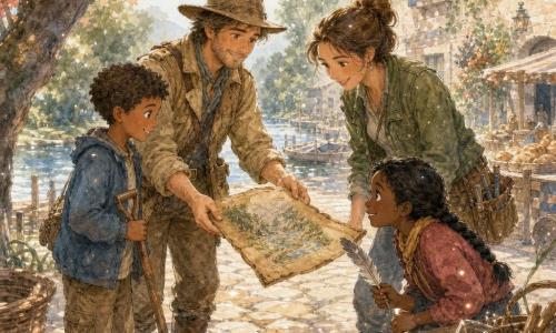 Un explorador de unos 35 años, sonrisa serena, con sombrero de fieltro marrón, chaqueta caqui y botas embarradas, entrega con suavidad un mapa en tela encerada; frente a él, Clara, guardabosques de unos 40 años, pelo castaño recogido y chaqueta verde, se inclina para mirar el mapa; a la izquierda de Clara, un niño de unos 9 años con rodillas sucias sostiene una pequeña pala de madera y admira el mapa; a la derecha, una niña de unos 7 años con trenza sostiene una pluma y observa la escena, ligeramente agachada junto a una mesa de madera; la plaza del pueblo junto a una ribera tiene empedrado irregular, un árbol de hojas rojizas, un puesto de pan y una casa de piedra clara con ventanas azules al fondo, luz suave de final de mañana; ambiente cálido, de confianza y colaboración mientras comparten el plan del sendero.