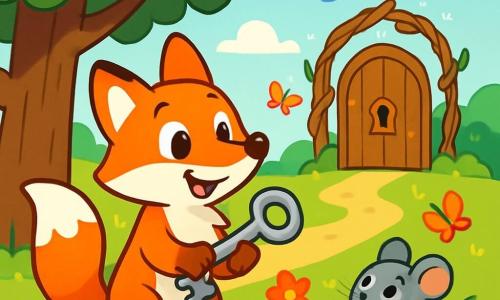A cunning fox with bright orange fur and sparkling curious eyes stands under a large leafy tree, holding a shiny silver key in its paws. Its expression is joyful and amazed, as if it has just discovered a treasure. Nearby, a small gray mouse with round ears and a worried look watches the fox, its eyes wide, wondering what the key might open. The setting is a sunny glade filled with colorful flowers and dancing butterflies, with a shimmering twisted branch gate in the distance. The main scene shows the intrigued fox approaching the mysterious gate, ready to insert the key into the lock.