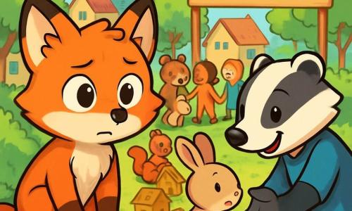 In het midden van de afbeelding kijkt Finn de kleine vos, met een heldere oranje vacht en nieuwsgierige ogen, met een mix van bezorgdheid en vastberadenheid. Hij zit op een stenen muurtje, met zijn voorpoten op zijn knieën, terwijl hij aandachtig een scène van solidariteit observeert. Rechts van hem staat Mijntje de kleine das, met witte en zwarte strepen op haar gezicht en een warme glimlach, die een vriendelijke hand naar een jonge konijn steekt dat verlegen lijkt. Op de achtergrond is het dorp levendig, met kleurrijke huizen met rode dakpannen, groene bomen en een groot houten bord dat 