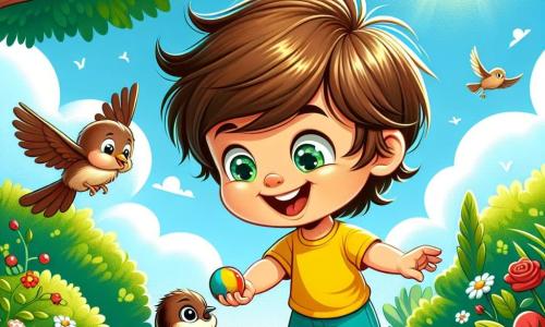 Um menino de 2 anos, com cabelos castanhos bagunçados e olhos brilhantes de alegria, está em um jardim verdejante. Ele usa uma camiseta amarela vibrante e um short azul, sorrindo amplamente enquanto lança uma bolinha colorida em direção a um passarinho. Um pequeno passarinho, um pardal de penas marrons, pula alegremente na grama, com uma expressão curiosa. O jardim está cheio de flores coloridas, com rosas vermelhas e margaridas brancas, e uma grande árvore verde se ergue ao fundo, oferecendo uma sombra suave. Nessa cena, o menino e o pardal brincam juntos, simbolizando sua amizade crescente, enquanto o sol brilha e nuvens brancas flutuam no céu azul.