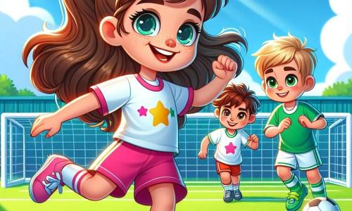 Uma menina de 8 anos, chamada Júlia, está no centro do campo de futebol, radiante de alegria e determinação. Ela tem cabelos longos e castanhos presos em um rabo de cavalo, usa um short rosa e uma camiseta branca com estrelas coloridas. Seu rosto brilha com um grande sorriso, e seus olhos estão cheios de orgulho enquanto se prepara para chutar ao gol. Ao seu lado, um menino de 8 anos, Pedro, com cabelos curtos e loiros, veste uma camiseta azul e está passando a bola para ela, com uma expressão de encorajamento e amizade. Outro menino, Lucas, também de 8 anos, está um pouco atrás, de braços cruzados e com um olhar admirativo, vestindo uma camiseta verde. O campo de futebol é verde, cercado por barreiras brancas e espectadores entusiasmados. O céu é azul com algumas nuvens brancas, e árvores verdes emolduram o local, adicionando um toque de natureza ao ambiente. A cena principal mostra Júlia em ação, pronta para chutar a bola, enquanto seus amigos a incentivam, criando uma atmosfera de camaradagem e excitação, ilustrando igualdade e trabalho em equipe.