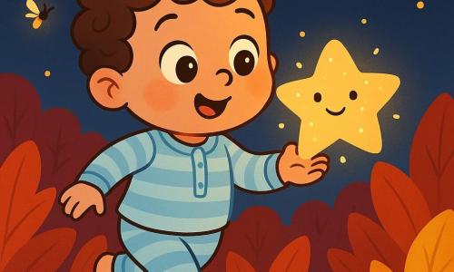 Niño de 2 años de cabello castaño rizado, mejillas redondas y sonrisa maravillada, sostiene junto al pecho una pequeña estrella-lámpara dorada con bordes suaves y rostro sonriente que pulsa luz y flota sobre su mano derecha; ojos grandes y brillantes, pijama a rayas azul claro, camina de puntillas con postura alegre y curiosa. El jardín es un mar de hojas gigantes rojas, naranjas y amarillas que ondean bajo un cielo crepuscular azul profundo; luciérnagas doradas rodean la escena. Iluminación suave, colores cálidos y contrastados, trazos simples y contornos nítidos en un estilo infantil y alegre.