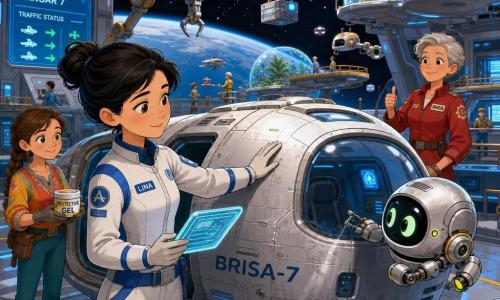 Lina es una mujer adulta, piloto, rostro dulce y concentrado, ojos castaños, cabello negro recogido en moño, vestida con un traje espacial blanco y azul; sonríe levemente, de pie junto a la cabina de la cápsula Brisa-7, sosteniendo una tableta iluminada y apoyando con ternura la mano sobre el casco. Nilo es un pequeño robot compañero, bajo y redondeado, plateado con luces amarillas y verdes, expresión curiosa; está a la derecha de Lina, flotando y mirando por la ventana. Rhea es una mujer madura (≈50 años), pelo gris corto, uniforme rojo de ingeniera, asintiendo desde el fondo junto a una pasarela. Suri es una joven técnica (≈30 años), con trenzas y bata colorida, sostiene un bote de gel protector brillante junto a la entrada de la nave, lista para ayudar. El lugar es el puerto espacial Aurora: enorme hangar circular en ingravidez con brazos metálicos articulados, plataformas suspendidas, jardines en burbujas con plantas flotantes y paneles luminosos azules; fondo espacial estrellado con un delgado arco de la Tierra. La escena muestra a Lina y Nilo reparando la cubierta de la Brisa-7 bajo luz suave, con obreros y drones organizando el tráfico espacial al fondo; ambiente sereno, tonos pastel y metalizados, detalles nítidos y composición centrada en el gesto protector de Lina.