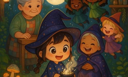 Luna, niña de 5 años, aprendiz de bruja, expresión alegre y maravillada, trenzas y sombrero puntiagudo demasiado grande, vestido de estrellas, sostiene un pequeño caldero humeante que brilla con polvo estelar; la abuela, mujer de unos 65 años, con sonrisa tierna, pelo gris en moño y vestido parcheado, está detrás de una mesa de madera con la mano en el hombro de Luna; la bruja mayor, mujer de unos 70 años, rostro arrugado pero benevolente y capa brillante, sentada en un taburete riendo y flotando ligeramente; tres pequeñas brujitas de 6 a 12 años ríen y flotan en círculo con vestidos coloridos y distintos colores de cabello; en una clara de bosque bajo una gran luna, suelo cubierto de musgo y hongos luminosos, guirnaldas de faroles de vidrio, estantes con frascos y hierbas secas y pequeñas piedras brillantes; Luna ofrece una taza de poción que libera burbujas plateadas y chispas; las brujitas ríen a carcajadas y comienzan a flotar suavemente en una escena mágica, cálida y graciosa con colores suaves y contrastes luminosos.