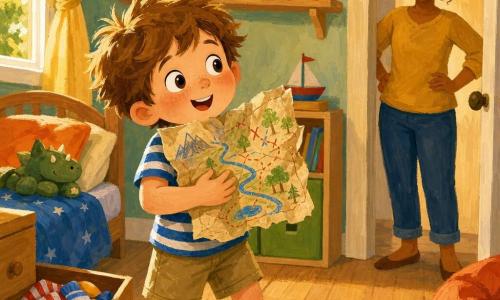 A 6-year-old boy, enthusiastic and wide-eyed with round cheeks and tousled light-brown hair, holds a crumpled paper card covered in colored-pencil drawings; wearing a blue-and-white striped T-shirt and khaki shorts, he stands with one foot on the rug and his gaze fixed on the card pressed to his chest. A mother of about 30, with a gentle smile and brown hair in a bun, stands in the doorway with hands on her hips, watching kindly. The sunny child's bedroom has light wood floors, an open sock drawer with striped socks visible, a shelf of colorful plush toys, and a window casting a band of golden light. Main scene: the boy has found a card at the bottom of the drawer and is about to set off on a "big adventure," in a determined pose with warm light on his face, creating a joyful, curious atmosphere.