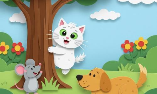 Eine weiße Schneekatze mit großen grünen Augen und glattem Fell im Stil von Scherenschnitt springt freudig und überrascht (breites Lächeln, aufgerichtete Schnurrhaare) aus einem großen Baumstamm, links steht die kleine graue Maus Mia mit rosa Ohren auf dem Rasen und zählt laut mit neckischem Ausdruck und erhobenen Armen, rechts liegt der hellbraune Hund Bello mit mehrschichtigem Papierfell, ruhig am Schwanz wedelnd und amüsiert beobachtend; Schauplatz ein farbenfroher, heller Garten mit gerundeten grünen Rasenflächen, roten und gelben kreisförmigen Blumen, einem braunen Baum mit papierartiger Rinde und hellem blauem Himmel mit weichen weißen Wolken; Szene: fröhliches Versteckspiel, dynamisch und klar, einfache lesbare Komposition für Kleinkinder mit kontrastreichen Farben und scharfen Papierkanten.