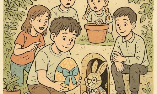 Um menino de 12 anos, Tomás, rosto redondo, cabelo desgrenhado, expressão concentrada e maravilhada, ajoelhado diante de uma portinha escondida entre vasos, segurando delicadamente um grande ovo de Páscoa embrulhado. Uma menina de 7 anos, Matilde, olhos grandes e curiosos, tranças, em pé ao fundo junto a um vaso, boca aberta de admiração, mão na borda do vaso. Uma menina de ~11 anos, Inês, cabelo médio, sorriso cúmplice, agachada à esquerda de Tomás, apontando a portinha com excitação. Um menino de ~12 anos, Rafa, cabelo curto e travesso, de pé atrás de Tomás apoiado num vaso empilhado, olhar surpreso e braços cruzados. Um menino de ~12 anos, Gui, expressão tímida e alegre, sentado num murete próximo, segurando uma cenourinha simbólica, olhando para a porta. Um coelho antropomórfico pequeno, colete colorido com padrão, óculos redondos e relógio de bolso, saindo da portinha segurando o Ovo Grande, postura surpresa e envergonhada, pelo texturizado em traços finos. Local: jardim de bairro denso com vasos empilhados, ervas finas, folhas de limoeiro, portinha na base de um muro, terra e cascas de limão espalhadas. Situação: descoberta mágica e terna de um coelho que devolve um grande ovo de Páscoa; cena calorosa, tensão alegre, gestos de partilha e espanto coletivo; composição centrada na porta e no ovo, traços nítidos, contrastes suaves e detalhes lúdicos (prendedor de roupa como puxador, sininho).