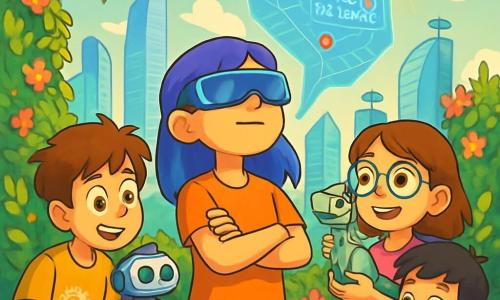 Há 4 crianças: - Luna: uma menina de 12 anos com cabelos azul-violeta brilhantes, usando óculos de realidade aumentada. Ela está no centro, com os braços cruzados, olhando para o céu com um ar determinado. - Rafa: um menino de 12 anos, com cabelos castanhos bagunçados e uma camiseta com engrenagens impressas. Ele está à esquerda de Luna, inclinado para frente, segurando um pequeno robô que construiu. - Ana: uma menina de 12 anos, com cabelos castanhos e óculos redondos, segurando um mini-dinossauro robótico chamado Pixel em seus braços. Ela está à direita de Luna, sorrindo e observando a paisagem. - Caio: um menino de 12 anos, com cabelos pretos e um moletom com capuz, sentado na borda do jardim vertical, manipulando um tablet holográfico. O local é o topo de um jardim vertical, cercado por paredes de vegetação exuberante e flores coloridas, com painéis solares brilhando. Ao fundo, arranha-céus de vidro com formas futuristas se erguem em direção ao céu, enquanto drones passam zumbindo, entregando sorvetes. O sol brilha intensamente, iluminando a cena com uma luz dourada. A situação principal mostra as crianças em plena discussão, intrigadas por um mapa holográfico projetado no ar, com um ponto vermelho piscando perto do Centro de Inovações. Elas parecem animadas e determinadas a descobrir o mistério que envolve essa atividade estranha.