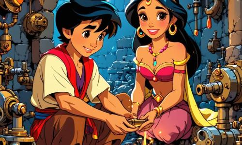 Aladdin, um jovem de cabelos negros e olhos brilhantes, está sentado em um monte de peças de máquinas em seu pequeno ateliê, com um sorriso maravilhado ao descobrir um antigo dispositivo brilhante. Ele usa uma túnica colorida e calças largas, com ferramentas espalhadas ao seu redor, mostrando seu amor pela mecânica. Ao seu lado, Jasmine, uma menina de 12 anos com cabelos longos e cacheados, vestindo um jaleco de engenheira e óculos de proteção, observa fascinada o dispositivo. O ateliê está cheio de máquinas coloridas, peças metálicas brilhantes e planos espalhados, com luzes piscando que criam uma atmosfera mágica. A cena principal mostra Aladdin e Jasmine trabalhando juntos no dispositivo misterioso, enquanto uma luz dourada emana dele, iluminando seus rostos com uma luz quente e mágica. Eles estão imersos em sua tarefa, ansiosos para descobrir o segredo que esse objeto antigo guarda.