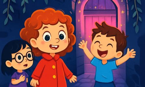 There are three characters: Mia, a 6-year-old girl with curly hair and sparkling green eyes, wearing a bright red coat and yellow boots, stands in the center, smiling and curious, looking at the colorful tunnel. Leo, a 6-year-old boy with messy brown hair and a big smile, wearing a blue t-shirt and jeans, is slightly forward, arms raised enthusiastically, ready to explore. Sophie, a 6-year-old girl with smooth black hair and round glasses, dressed in a purple dress, stands a little back, observing the tunnel with wide-eyed wonder. The scene takes place in a narrow, dark magical alley where walls are covered with silver-leaved vines. At the end of the alley, a purple wooden portal shines with bright pink light, surrounded by tiny twinkling stars. The ground is paved with glowing stones, and shadows dance around the children, creating a mysterious yet welcoming atmosphere. The main situation shows the three friends, in awe, in front of the magical portal, preparing to jump into a colorful tunnel that will lead them to a secret city full of fantastic creatures. The vivid colors and enchanting details evoke the excitement and adventure that await them.