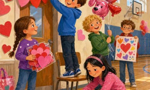 An 8-year-old boy, Max, smiling with short brown hair, stands on a small wooden chair hanging a long red-and-pink heart garland above a door; to his left Zoe, about 8, energetic with brown hair in a braid, holds a bundle of hand-cut paper hearts on the floor; to his right and slightly behind, Felix, about 8, playful with messy blond hair, blows dog-shaped balloons and holds them in his right hand; crouched in front of a glitter box, 7-year-old Mia, dreamy with black hair and a glitter headband, has glitter on her hands and clothes; near the wall behind the group Sam, about 8, shy but proud with brown hair and round glasses, displays a large colorful poster reading Friendship Makes Everything Brighter; the scene is a bright school gym with shiny wood floors and large windows, decorated with paper-heart garlands, floating red and pink balloons, and a colorful friendship chain above the door, showing the four children happily decorating together for Valentine’s Day with vivid colors, paper textures, glitter highlights, warm smiles and a festive, collaborative atmosphere.