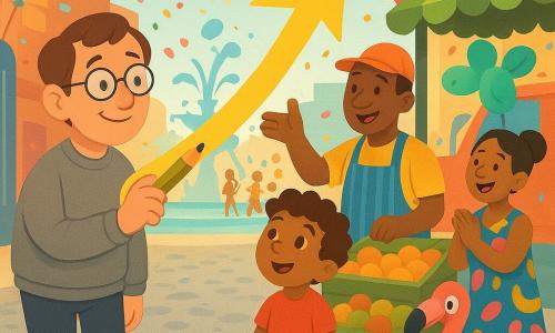 A shy man of about 40 in a faded gray sweater and round glasses smiles as he draws a large yellow arrow that arcs out of the paper with a short pencil; a curly‑haired 6‑year‑old boy in a red T‑shirt watches in wonder from the crowd, a rolled apple near his feet; a 50‑year‑old fruit vendor in an orange cap and striped apron stands by his stall, following the arrow and reaching out as if to guide the boy; a 35‑year‑old radio host in a colorful dress with hair tied back applauds near a small truck decorated with radio waves; a plush flamingo named Señor Beaky sits on a crate observing the scene. The setting is a lively city street turned parade — glowing cobbles, multicolored stalls, giant animal balloons, banners, falling confetti, and a fountain with turquoise water and stylized fish — where the drawn arrow flies above the crowd to point to jugglers by the fountain, guiding a comic rescue in which fragile discs are exchanged for rubber balls amid movement, joy, and vivid colors.