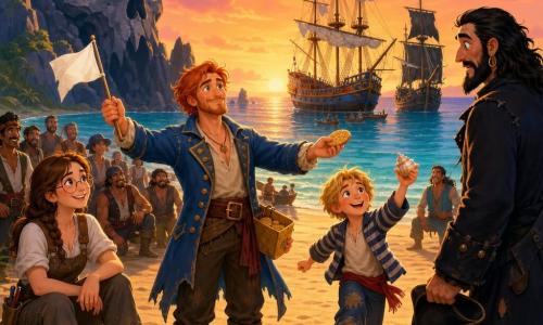 Captain Jasper Finn — smiling, tousled red hair, light beard, worn blue pirate coat — holds a small white flag and a yellow biscuit box, offering a biscuit forward in an open, confident gesture; Molly, a ~20-year-old carpenter with braided brown hair, dusty overalls and round glasses, sits on a rock to his left, laughing gently; Billy, about 10, with messy blonde hair and a striped jacket, skips on the sand to his right holding a shiny shell and looking at Jasper admiringly; Captain Blacktooth, tall in a torn black coat, furrowed brows softening as he still holds his hat, stands slightly back; golden sandy beach at the foot of a sharp black rock (Skull Rock), calm blue waves, two anchored ships (a colorful frigate and a dark schooner) with partially lowered sails, sunset sky of orange, pink and purple; a reconciliatory moment as Jasper offers a biscuit and a white flag to Blacktooth, crews mingling on the sand with friendly smiles and long evening shadows, warm optimistic atmosphere.