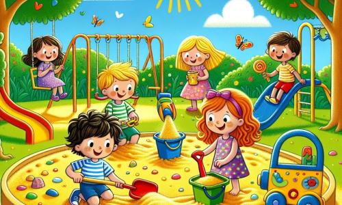 In the center of the image, Sam, an 8-year-old boy with brown hair and glasses, is digging in the sand with a red shovel. To his right, Lily, a 7-year-old girl with blonde hair in a pink dress, smiles while holding a blue bucket filled with sand. On the left, Mia, a 9-year-old girl in a colorful wheelchair, looks on enthusiastically, holding a seashell in her hands. Just behind them, Jake, a 6-year-old boy with messy black hair, runs with a green bucket, ready to bring more sand. Max, an 8-year-old boy with brown hair and a striped t-shirt, leans down to add decorations to their sandcastle.

The location is a beautiful sunny playground filled with bright colors, featuring swings, slides, and a large golden sandbox. Green trees surround the area, and the sky is a vibrant blue with a few fluffy white clouds.

The main scene shows the children working together to build a large sandcastle, laughing and encouraging each other, illustrating gender equality and friendship.