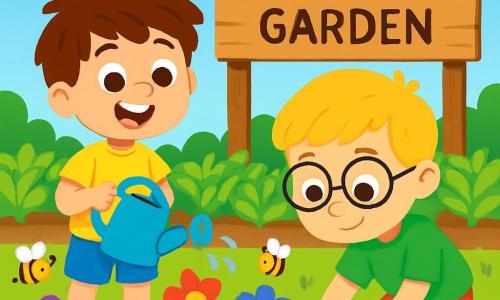 There are two main characters: - Sam: a 7-year-old boy with messy brown hair and sparkling eyes. He is wearing a bright yellow t-shirt and blue shorts. Sam is joyfully smiling while holding a watering can. - Max: a 6-year-old boy with blonde hair and round glasses. He is wearing a green t-shirt and red shorts. Max is crouched down, planting seeds in the garden with a focused expression on his face. The main setting is a vibrant community garden filled with colorful flowers with bright red, blue, and purple petals. Rows of green plants stretch as far as the eye can see, and bees buzz around the flowers. In the background, a large wooden sign reads 