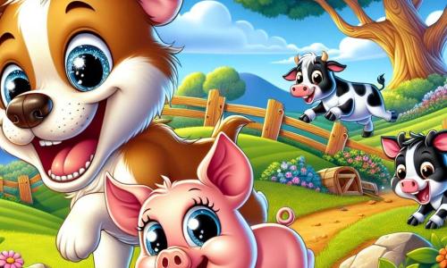 Um cachorro alegre chamado Bolinha, com pelagem marrom claro e orelhas caídas, corre a toda velocidade, sorrindo e com os olhos brilhando de excitação. Ao lado dele, um pequeno porquinho rosa chamado Guto, com olhos redondos e curiosos, toma um atalho sob uma cerca de madeira, parecendo determinado. Ao fundo, uma vaca branca e preta, Mimosa, persegue uma grande cenoura laranja segurada por um gato preto e branco, Frajola, que está em uma pedra, rindo muito. A cena acontece em um campo verdejante, cheio de flores coloridas e uma grande árvore de carvalho majestosa ao longe, sob um céu azul brilhante com algumas nuvens brancas fofas. Os animais estão em plena corrida, criando uma atmosfera alegre e divertida, cheia de risadas e camaradagem.