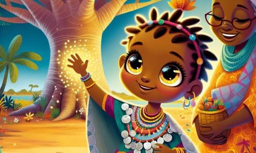 Amina, una niña de 8 años con ojos brillantes como luciérnagas, lleva un vestido colorido de tela africana y un collar de semillas brillantes. Tiene una expresión decidida y alegre, con los brazos levantados hacia el cielo, como si llamara al sol. A su lado, su mamá, una mujer de unos cuarenta años con el cabello trenzado, sonríe suavemente mientras sostiene una pequeña canasta llena de frutas coloridas. Detrás de ellas, un majestuoso baobab se alza con sus ramas extendiéndose como brazos protectores. El suelo está cubierto de flores brillantes y el cielo es de un azul profundo, mientras una suave brisa hace bailar las hojas. Amina está en el centro, lista para ir en busca del sol dorado para traer luz y alegría al pueblo.
