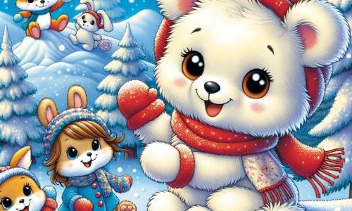 A small teddy bear named Benny, with fluffy white fur and sparkling star-like eyes, is at the top of a snowy hill. He wears a bright red scarf and mittens, displaying a big smile of joy and excitement. Next to him is a little bunny named Lily, with light brown fur and long, soft ears, jumping for joy with sparkling eyes. She wears a blue coat and matching hat, holding a snowball in her paws. A little further away, a mischievous fox named Max, with bright orange fur and a bushy tail, is about to throw a snowball, a cheeky smile on his face. The landscape is an enchanting winter scene, with trees covered in sparkling snow, a clear blue sky, and snowflakes gently falling around them. The scene shows Benny and his friends in a snowball fight, laughing and having fun, capturing the joyful spirit of winter and friendship.