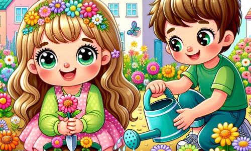 A 6-year-old girl named Lily, with long blonde hair and sparkling joyful eyes, is sitting in a colorful garden surrounded by bright flowers of all colors. She is smiling widely, holding a small plastic shovel, ready to plant seeds. Next to her is her friend Max, a 6-year-old boy with messy brown hair and a green t-shirt, watering the flowers with a blue watering can. He has a focused and happy look, showing his enthusiasm for gardening. The garden is located in a sunny village with pastel-colored houses and a light blue sky dotted with a few white clouds. Butterflies are flying around the flowers, adding to the magic of the place. The main scene shows Lily and Max planting seeds in the soil, surrounded by their friends, all smiling and engaged in a joyful activity to help the planet, symbolizing hope and unity in the face of climate change.