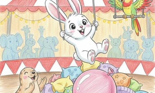 Un pequeño conejo blanco (protagonista) de grandes orejas rosadas, dientes visibles y ojos redondos brillantes, alegre y maravillado, sostiene un trapecio con las patas delanteras y se balancea sobre una pila de almohadas coloridas; a la derecha, un loro multicolor (secundario) posado en una barra de trapecio, plumaje verde, rojo y amarillo, sonrisa traviesa, lo anima batiendo las alas; abajo a la izquierda, una leona marina redonda y sonriente (secundario) con aletas en alto aplaude; al fondo la carpa del circo a rayas rojas y blancas con guirnaldas luminosas y gradas con siluetas difuminadas; escena cómica y cálida: el conejo intenta volar y cae suavemente sobre las almohadas aterrizando en un gran balón rosa, estilo de trazos simples, contornos suaves y colores pastel vivos.