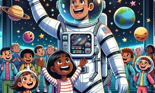 Un astronaut, un bărbat de aproximativ 30 de ani, se află în centrul imaginii, îmbrăcat într-un costum spațial alb strălucitor, cu un casca transparentă care reflectă stelele. Fața lui exprimă bucurie și uimire în timp ce plutește în spațiu, cu brațele deschise, înconjurat de planete colorate și comete strălucitoare. Lângă el, o fetiță de 8 ani, Maria, cu părul lung și brunet și ochi strălucitori de curiozitate, privește cu fascinație stelele. Ea poartă o combinație spațială miniaturală și pare pregătită să zboare, cu brațele ridicate ca și cum ar dori să se arunce în infinit. În fundal, un grup de copii cu vârste între 7 și 10 ani, toți zâmbitori și excitați, plutesc într-o stație spațială. Ei poartă căști și combinații colorate, fiecare ținând o jucărie mică în formă de navă spațială, împărtășind râsete și strigăte. Locația scenei este o stație spațială futuristă, cu feronerie mari care oferă o vedere impresionantă asupra Pământului albastru și a stelelor strălucitoare. Panouri de control luminoase și ecrane afișează date despre spațiu, adăugând o notă tehnologică mediului. Situația principală arată astronautul Andrei explicând copiilor uimiți minunile spațiului, în timp ce plutesc împreună în imponderabilitate, creând un moment magic de descoperire și prietenie.
