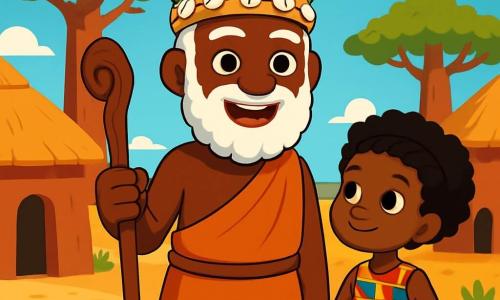 A man, Chief Kofi, stands at the center of the scene with a smiling face and determined eyes. He has a snow-white beard and wears a crown woven from palm leaves and shells. He holds a carved wooden staff, ready for adventure. Next to him is a young girl, Amina, about 10 years old, with curly hair and sparkling eyes, watching curiously. She wears a colorful kente dress and holds a miniature drum, eager to see what Chief Kofi will do. The setting is a vibrant African village with clay houses and thatched roofs, majestic baobabs reaching for the sky, and golden fields stretching under a bright blue sky. The main situation shows Chief Kofi preparing to search for the Spirit of the River, with Amina by his side, ready to accompany him in this quest to restore harmony and music in their village.