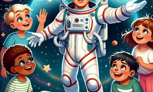 Ein lächelnder und begeisterter Astronaut schwebt im Weltraum, gekleidet in einem eleganten, bunten weißen Raumanzug mit blauen und roten Akzenten. Sein transparenter Helm zeigt ein freudiges Gesicht mit funkelnden Augen. In seinen Händen hält er ein kleines Modell des Planeten Mars. In der Nähe beobachtet eine Gruppe von vier Kindern, zwei Mädchen und zwei Jungen im Alter von 6 bis 8 Jahren, fasziniert. Das erste Mädchen mit lockigem braunem Haar trägt einen rosa Raumanzug und winkt dem Astronauten zu. Der zweite Junge mit Brille und blonden Haaren hält ein Buch über den Weltraum und schaut neugierig zu. Das dritte Mädchen mit glattem schwarzem Haar trägt ein grünes T-Shirt und zeichnet Sterne in ein Heft. Der letzte Junge mit roten Haaren und einem breiten Lächeln trägt ein blaues T-Shirt und macht eine ermutigende Geste. Die Szene spielt in der Weite des Weltraums, wo funkelnde Sterne und bunte Planeten einen magischen Hintergrund bilden. Die Erde ist in der Ferne sichtbar, mit ihren Blau- und Grüntönen. Der Astronaut erklärt den Kindern, dass er Mars erkunden wird, und gemeinsam teilen sie einen Moment des Traums und des Abenteuers, während sie sich die Wunder vorstellen, die sie im Universum entdecken werden.
