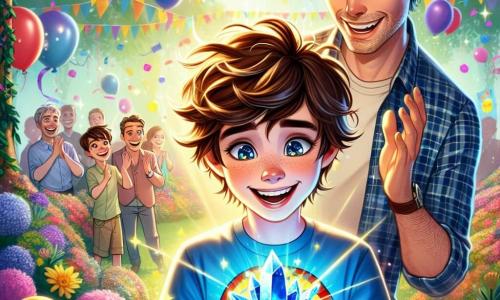 Ein 10-jähriger Junge namens Max steht im Mittelpunkt des Bildes mit einem breiten Lächeln im Gesicht. Er hat zerzauste braune Haare, strahlende Augen und trägt ein buntes T-Shirt mit einem Superhelden-Motiv. Max hält einen wunderschönen, funkelnden blauen Kristall in seinen Händen, der vor Magie strahlt. Neben ihm steht sein Vater, ein etwa 35-jähriger Mann mit braunen Haaren und einem leichten Bart, der seinen Sohn bewundernd ansieht. Er trägt ein kariertes Hemd und eine lässige Hose und beugt sich leicht zu Max, bereit, diesen besonderen Moment zu teilen. Der Hintergrund ist ein sonniger Garten, gefüllt mit bunten Blumen und schwebenden Ballons. Papiergirlanden schmücken die Bäume und schaffen eine festliche, fröhliche Atmosphäre. Im Hintergrund sind neugierige Nachbarn zu sehen, die lächeln und applaudieren, was zur Feierlichkeit beiträgt. Die Hauptsituation zeigt Max, voller Aufregung, wie er den magischen Kristall seinem Vater zum Vatertag präsentiert, ein Moment des Teilens und des Glücks, der ihren Tag erhellt.