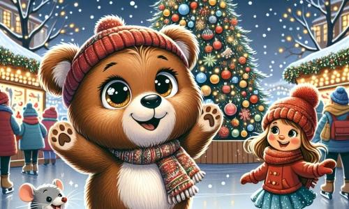 Ilustración que representa un pequeño oso de peluche, con un suave pelaje marrón y ojos brillantes, que expresa gran alegría y emoción. Está de pie en el centro, con los brazos abiertos, mirando un enorme árbol de Navidad decorado con guirnaldas brillantes y bolas de colores. A su lado, un pequeño ratón de pelaje gris, con grandes ojos curiosos y una sonrisa amistosa, que parece entusiasta y listo para ayudar. Se mantiene ligeramente atrás, levantando una pata para indicar la dirección del árbol. Un poco más lejos, una niña rubia, con un gorro rojo y una bufanda de lana, patina alegremente sobre el hielo, mostrando una sonrisa radiante y mejillas sonrojadas de felicidad. Ella está haciendo una pirueta, llamando la atención de los demás. El lugar principal es un mercado navideño animado, lleno de puestos coloridos, luces brillantes y decoraciones festivas. Copos de nieve caen suavemente, añadiendo un toque mágico a la atmósfera. La situación principal muestra al oso y sus amigos reunidos alrededor del árbol de Navidad, celebrando su amistad y la magia de la Navidad, rodeados de risas y alegría. Otros elementos gráficos incluyen guirnaldas luminosas, regalos coloridos a los pies del árbol y copos de nieve en el aire, creando un ambiente cálido y festivo.