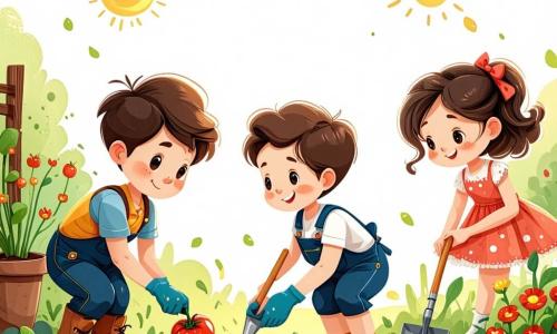 En un jardín soleado, tres niños están en plena actividad. Pedro, un niño de ocho años con cabello castaño desordenado y una sonrisa brillante, está agachado cerca de un agujero que ha cavado para plantar semillas de tomate. A su derecha, Sofía, una niña de ocho años con cabello rizado y ojos brillantes, sostiene una pequeña pala y observa con asombro las flores que comienzan a brotar. A la izquierda, Tomás, un niño de ocho años con gafas y cabello rubio, está de pie, regando con una regadera colorida las plántulas jóvenes. El jardín es un lugar mágico, lleno de flores multicolores, mariposas revoloteando y un cielo azul brillante. Los niños se divierten plantando semillas y hablando de sus flores favoritas, riendo juntos mientras descubren la belleza de la naturaleza en primavera.