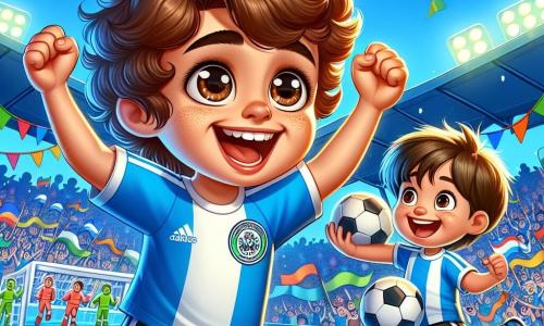 Un joven, Alejandro, de unos 25 años, está en el centro de la imagen. Tiene cabello castaño y rizado, ojos marrones brillantes de alegría y una amplia sonrisa que expresa emoción. Lleva una camiseta de fútbol azul con el logo de su equipo, pantalones cortos negros y zapatillas deportivas blancas. Alejandro está celebrando un gol, levantando los brazos al aire con entusiasmo en el campo de fútbol. A su lado, Manu, un niño de 10 años, salta de alegría. Tiene el cabello despeinado, una camiseta de fútbol demasiado grande para él y una expresión maravillada en su rostro. Sostiene un balón de fútbol bajo el brazo, mirando a Alejandro con admiración. El fondo es un estadio vibrante, lleno de espectadores que aplauden y agitan banderas de colores. El cielo es azul con algunas nubes blancas, y el campo es de un verde brillante, perfectamente cuidado. La escena principal muestra a Alejandro y Manu celebrando juntos un gol decisivo, rodeados de un ambiente festivo y alegre, simbolizando la pasión por el fútbol y la amistad.