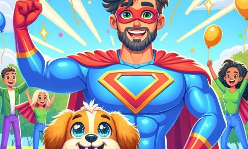 Un hombre llamado Paco, con cabello castaño desordenado y una sonrisa brillante, se encuentra en el centro del escenario, rodeado de globos de colores que flotan a su alrededor. Lleva un traje de superhéroe azul brillante con una capa roja que vuela al viento, y parece alegre y orgulloso, levantando los brazos al aire como si acabara de lograr un increíble éxito. A su lado, Chispas, un pequeño perro de pelaje dorado y ojos chispeantes, salta alegremente, sus orejas moviéndose al ritmo de su emoción. Emite un pequeño ladrido, y destellos de luz brillan a su alrededor, mostrando que está usando sus poderes. En el fondo, un grupo de superhéroes, incluyendo a una mujer de cabello largo y rizado vestida de verde con una máscara, aplaude con entusiasmo. El lugar es un parque soleado, lleno de árboles de hojas verdes brillantes, flores coloridas y un cielo azul claro. Niños ríen y juegan alrededor, algunos observando con asombro la escena. La situación principal muestra a Paco transformando un cometa en un enorme globo rojo, mientras Chispas, con un ladrido alegre, controla el viento para hacer flotar el globo alto en el cielo, creando un momento mágico y cómico que asombra a todos los espectadores.