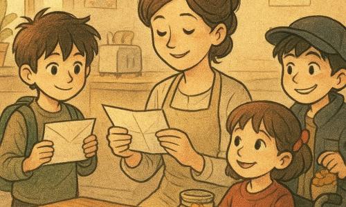 Ci sono quattro personaggi: Nico, bambino di circa 8 anni, capelli castani spettinati, zainetto verde, tiene una grande lettera piegata; Sara, bambina di circa 8 anni con capelli castani corti e un piccolo fiocco rosso, su una sedia a rotelle, tiene un vasetto decorato; Tommaso, bambino di circa 8 anni con capelli neri e berretto, giacca larga e sacchetto di biscotti aperto; la madre, donna intorno ai 35 anni con capelli lunghi raccolti, veste chiara e grembiule, legge commossa un biglietto estratto dal vasetto; ambientazione: cucina d'appartamento calda al mattino con luce dorata da una finestra a sinistra, tavolo di legno al centro e piante sul davanzale; situazione: i bambini offrono un regalo fatto a mano — una lettera grande e un vasetto pieno di piccoli foglietti colorati con la scritta "Pensieri di Grazie" — la madre legge un biglietto con espressione tenera, atmosfera intima e affettuosa.