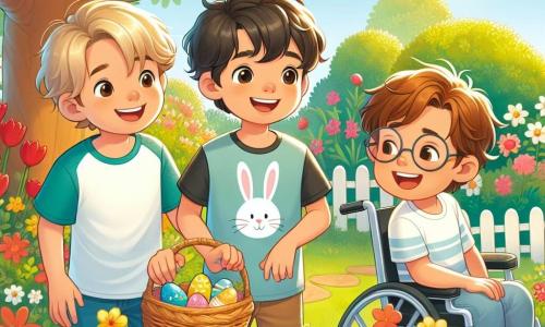 In un giardino soleggiato, tre amici si preparano per una caccia alle uova di Pasqua. Leo, un ragazzo di dieci anni con capelli castani disordinati e una maglietta con un motivo di coniglio, è al centro, sorridente con un piccolo cestino di vimini in mano. Alla sua destra c'è Marco, un ragazzo di dieci anni con capelli biondi e occhiali tondi, che ride mentre indica un cespuglio. A sinistra, Samuele, un ragazzo di dieci anni con capelli castani e un grande sorriso, è sulla sua sedia a rotelle decorata di fiori, osservando attentamente i dintorni. Il giardino è pieno di fiori colorati, con tulipani rossi, narcisi gialli e margherite bianche che danzano dolcemente al vento. Un grande quercia maestosa si erge al centro, offrendo ombra e un luogo perfetto per riposarsi. I tre amici sono in piena ricerca di uova di Pasqua nascoste, ridendo e incoraggiandosi a vicenda, mentre un piccolo uccello canta gioiosamente nell'albero. L'atmosfera è gioiosa e festosa, piena di colori vivaci e risate di bambini.