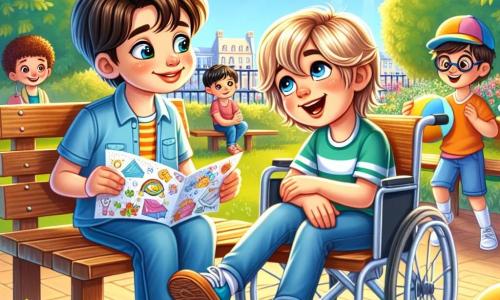 Într-un parc însorit, Alex, un băiat de 8 ani cu părul brun și ochi strălucitori, stă pe o bancă din lemn, ținând o scrisoare colorată în mâini. Lângă el, Andrei, un băiat de 9 ani în scaun cu rotile, cu părul blond și un zâmbet cald, îl privește pe Alex cu curiozitate. Mai încolo, Marius, un băiat de 7 ani cu părul creț și ochelari rotunzi, se joacă cu o minge, râzând vesel. Parcul este plin de flori colorate, copaci verzi și un cer albastru deschis, creând o atmosferă veselă și primitoare. Scena arată cum Alex își împărtășește gândurile cu prietenii despre importanța de a vorbi despre emoțiile lor după divorțul părinților, ilustrând astfel sprijinul și prietenia care îi leagă în această perioadă dificilă.